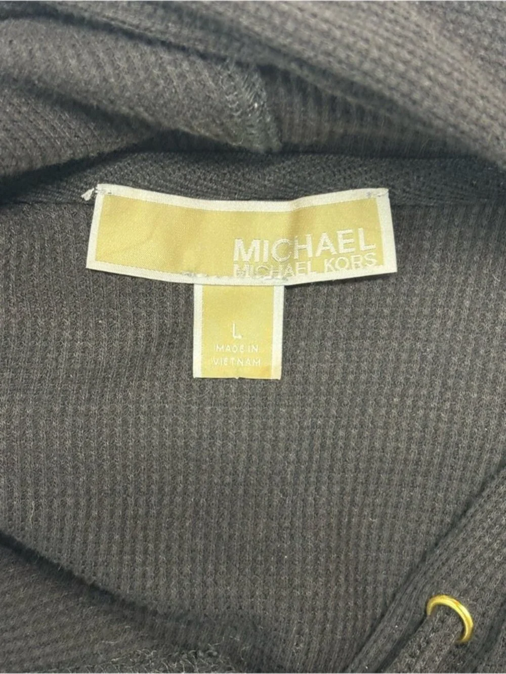Michael Kors Black Waffle Knit Thermal Hoodie with Gold Logo Charms Large - 557